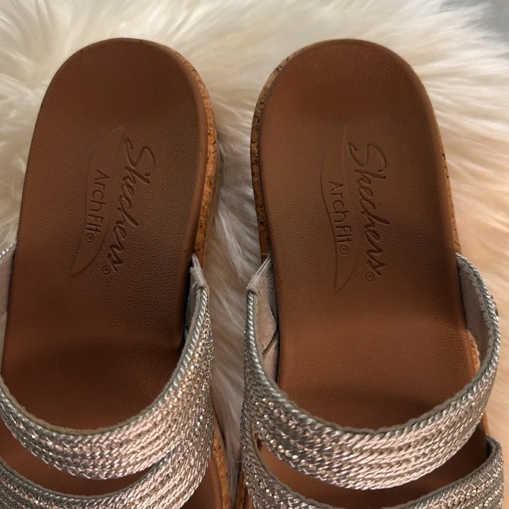 Skechers Silver Rhinestone Slide Wedge Sandals Cork Heel - Picture 4 of 12